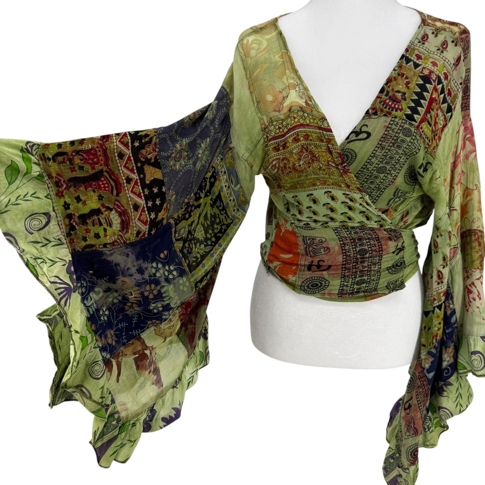 Kathmandu Imports Green Patchwork Wrap Top Bell Sleeve Cotton Boho Crop Nepal